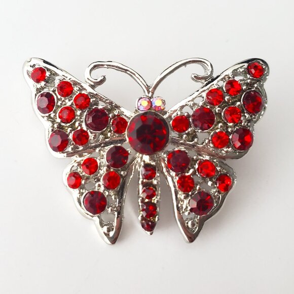 Small Silver & Red Stones Butterfly Brooch Iridescence Cute Nature Feminine - Picture 1 of 5